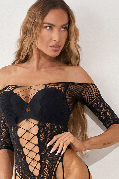 Schwarzer Pure Sin Damen-Bodystocking aus elastischem Netzstoff mit eleganter Spitze.